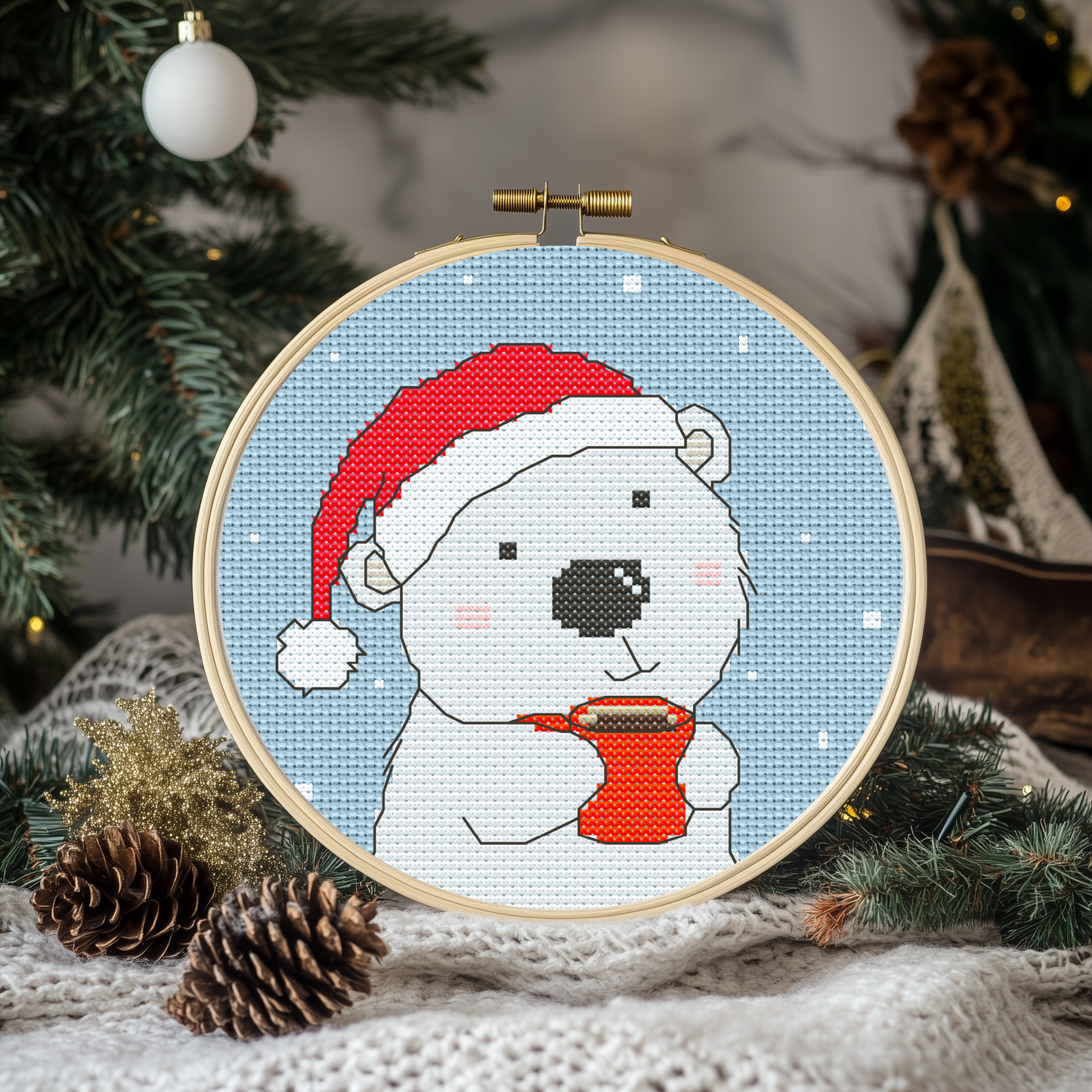 Christmas Bear and Coffee Cross Stitch Pattern - PDF Pattern